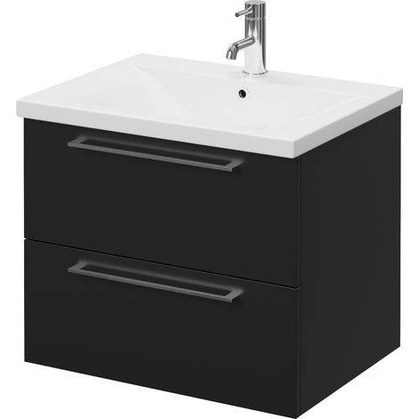 Napoli 460 Matt Black 600mm Wall Mounted 2 Drawer Vanity Unit with Glide Basin - 600mm - Chrome 320mm Handle
