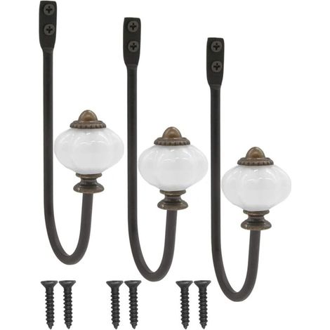 Set of 3 antique coat hooks, coat hooks, hat hooks, iron hooks with ceramic head and brass crown - vintage country house style MUMU (1/4)