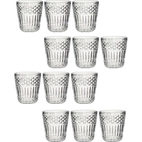 Set 12 Bicchieri Acqua in Pasta di Vetro trasparente 30cl con Lavorazione a Rilievo e Decoro imperiale Antico Stile Vintage per Casa e Ristorazione eleganzae particolarita' per una tavola speciale