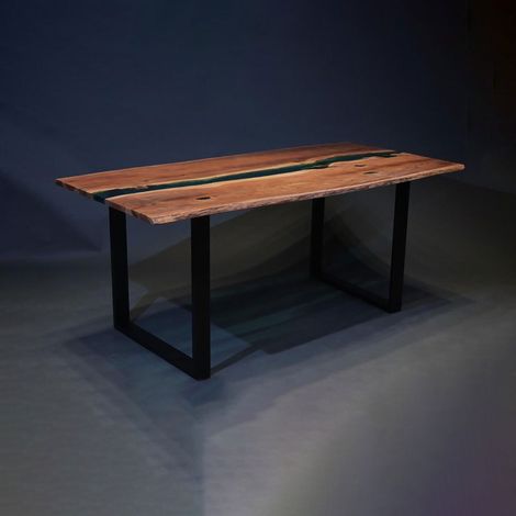 M&S – Table à manger époxy bleu 200x100x75 cm en bois d'acacia et métal noir – Style industriel moderne – Livrée montée
