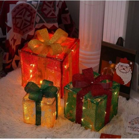Lot de 3 boîtes cadeaux de Noël illuminées, décorations de Noël intérieures/extérieures, boîtes cadeaux avec lumières LED, décorations de sapin de Noël E (1/5)