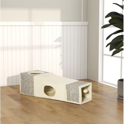 Túnel para gatos (98x30x30 cm), con dos cuevas, interior de felpa, con juguete de bola, madera contrachapada marrón (1/5)