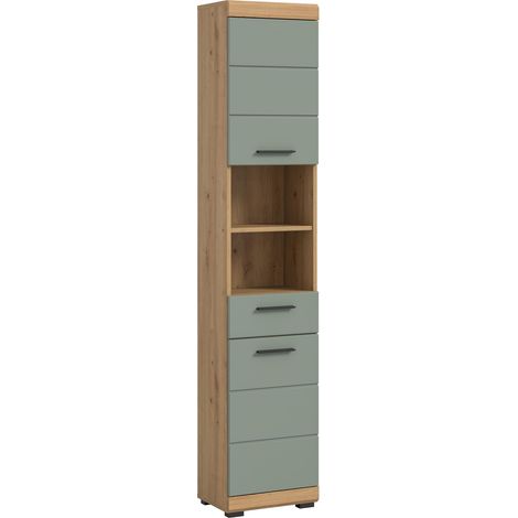 Scout Hochschrank Bad 2 Türen, 1 Schublade, 2 Regale Salbeidekor, Eiche Dekor.