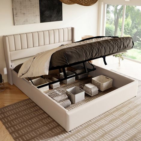 Lit coffre 160x200 cm, tissu lin beige, tête de lit capitonnée, grand espace rangement hydraulique, sommier à lattes, pour chambre adulte contemporain (1/5)