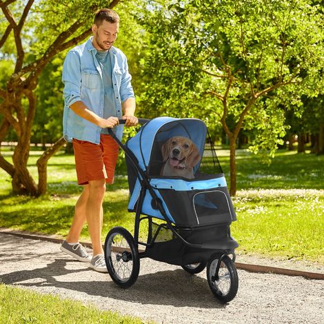 Poussette pour chien - fenêtre en filet - 111 x 58 x 107 cm - pliable - protection solaire - panier de rangement - bleu
