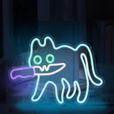 Insegna al neon "Gatto e coltello", luce al neon a LED blu con gancio e catena, per camera da letto, zoo, cat café, casa, negozio, man cave, abitazione (1/5)