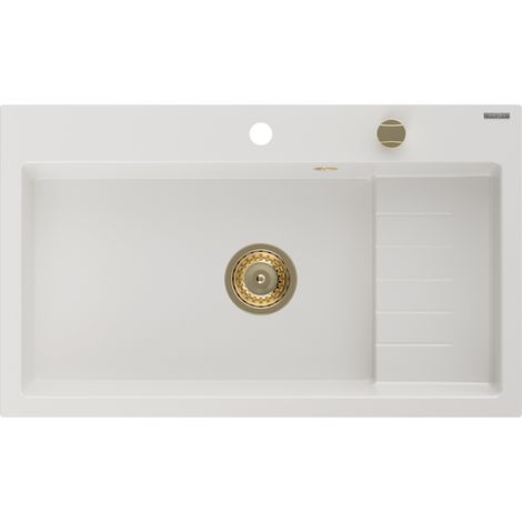 Mexen Omar évier en granit 1 cuve 800 x 480 mm, blanc, siphon doré - 6520801005-20-G