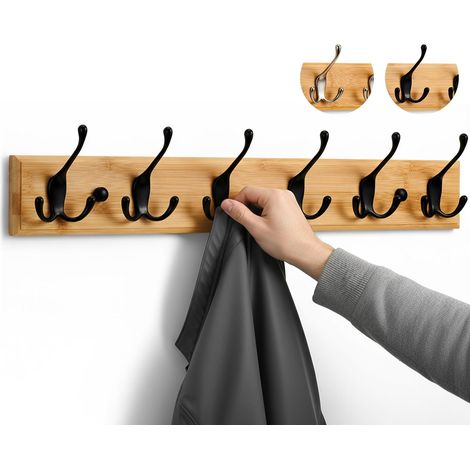 Porte-Manteau Mural Bois - 6 Crochets Noir - 59 cm Patère Murale (1/5)