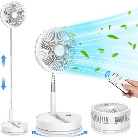 Ventilateur sur Pied Portable Silencieux avec Télécommande, 8.6" 8000mAh USB Rechargeable Pliable Fan pour Sol/Table Basse, 4 Vitesses/Timer Oscillant Ventilateurs pour Bureau Chambre Dormir (White) (1/5)