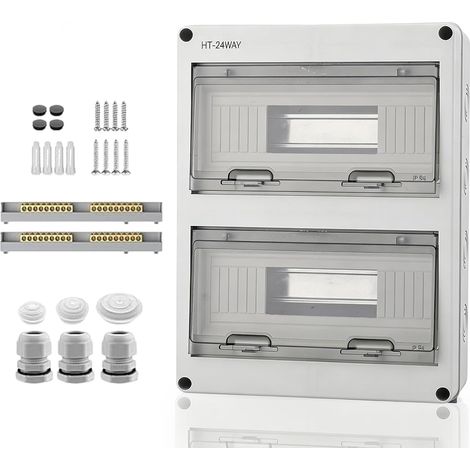 Boîte de distribution en saillie, boîte à fusibles en saillie, 2 rangées, 24 modules, Ip65, sous-distribution en saillie, avec 2 terminaux, 3 articulations et fiches étanches, petite boîte de (1/5)
