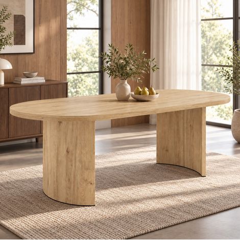Table à manger 200x90 cm pour 6 à 8 personnes, plateau arrondi 28 mm, pieds incurvés, MDF chêne (1/5)