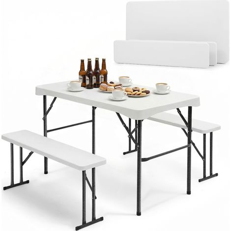 Sekey Bierzeltgarnitur Klappbar Kunststoff  113 x 61 cm Esstisch Set mit 2 Bänken für 4 Personen  Festzeltgarnitur für drinnen - draußen  Biertisch Set Garten, Weiß