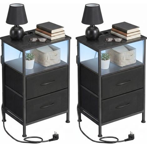 Table de Chevet avec Éclairage LED et Multiprise, Lot de 2, 2 Tiroirs et 1 Compartiment Ouvert, Noir (1/5)