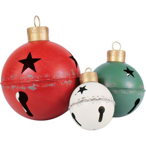 Boules en métal rouge, verte et blanche, diam. 41, 31 et 21 cm