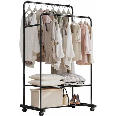 Clothes Rails Garment Rack with Wheels Double Clothes Rail Coat Clothing Rails with Double Shelf (Black) (1/4)