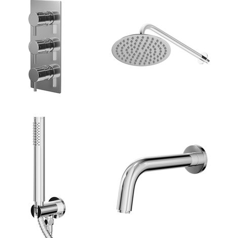Circo Polished Chrome Concealed Triple Thermostatic Shower Valve with Diverter and 200mm Round Head with 345mm Wall Arm and Outlet Holder with Kit and Bath Spout - 3 Outlet (1/5)