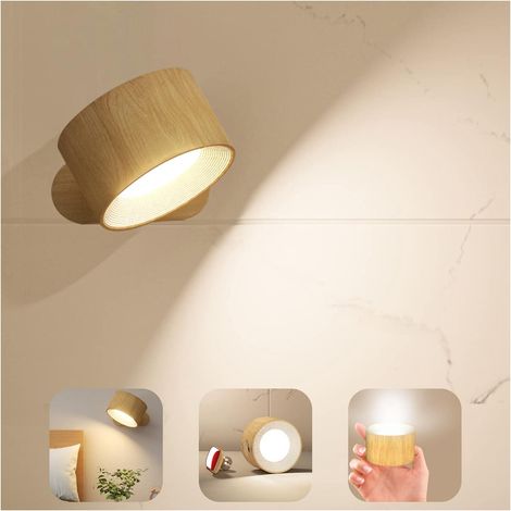Applique Murale Interieur, Lampe Murale Touch LED avec Port de Charge USB Contrôle Tactile, 3 Niveaux de Luminosité 3 Températures Rotatifs 360° Lampe pour Chambre à Coucher 1 Pack (grain de bois) (1/5)