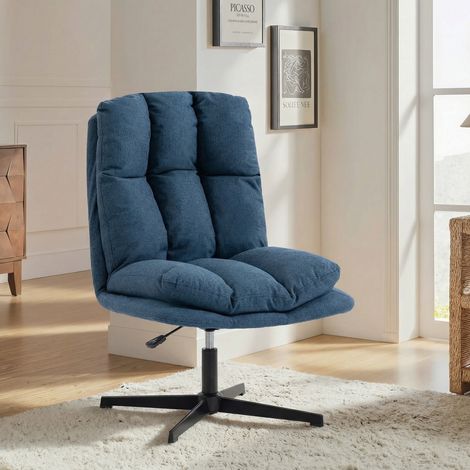 360° drehbarer Lounge-Sessel, höhenverstellbar, breite Sitzfläche mit Leinenbezug, dunkelblaues Metallgestell