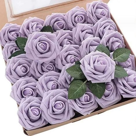 Lot de 50 roses artificielles lilas réalistes, en mousse avec tiges, idéales pour la décoration de bouquets de mariage, compositions florales, enterrements de vie de jeune fille et décorations intérie (1/5)
