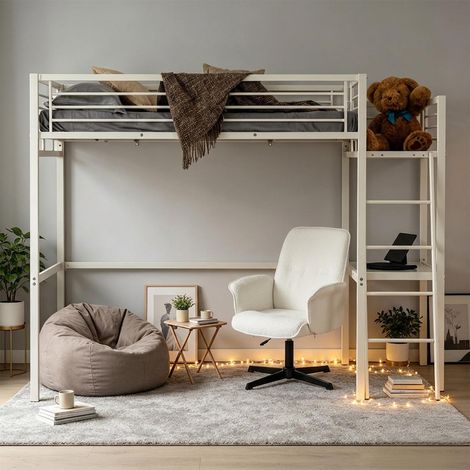 Lit Mezzanine 2 Places avec Fauteuil Réglable et Bureau en Verre Trempé, Gain de Place pour Chambre Étudiant Adolescent Adulte, Cadre Métallique, Blanc (1/5)