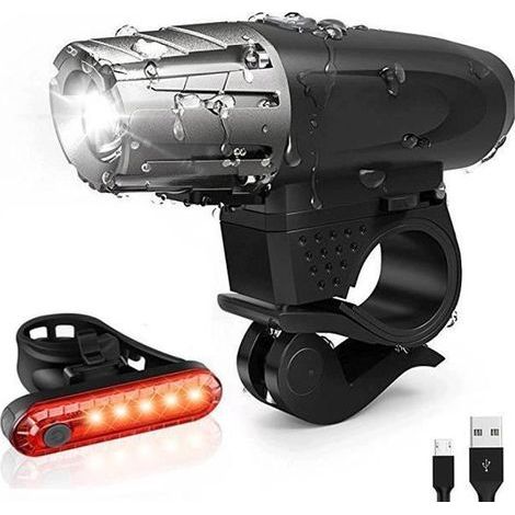 Luce per bicicletta a LED ricaricabile tramite USB, con luce anteriore e posteriore (luce rossa). Robusta e resistente. (1/4)