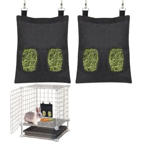 HOXILEELEOLot de 2 sacs à foin suspendus, 25 x 30 cm, toile Oxford, double ouverture pour lapins et rongeurs noir (1/5)