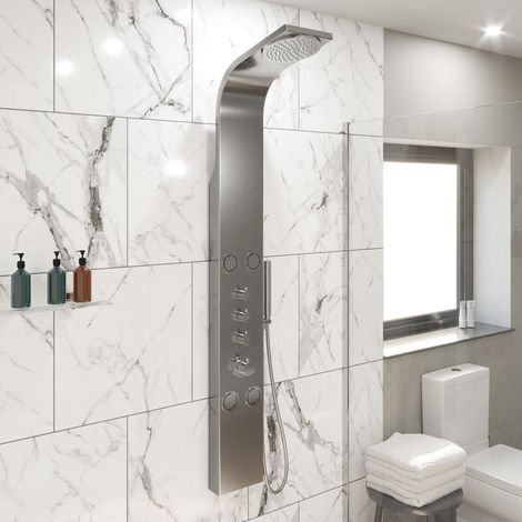 Thermostatic Brushed Steel Finished Shower Tower Panel 4 Body Jets 2 Twin Heads