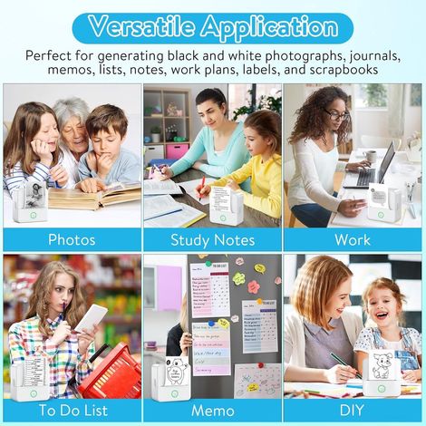 Mini stampante - Mini stampante termica Bluetooth - 200 DPI e senza inchiostro - Con 10 rotoli di carta - Per etichette, liste e foto - Portatile per ufficio, scuola e casa (1/5)