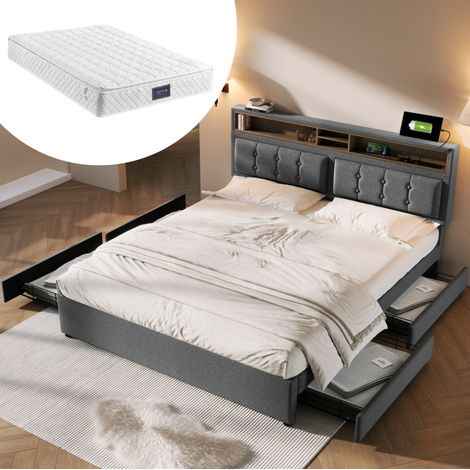 Lit rembourré moderne 140x200 cm gris avec matelas, 4 tiroirs, tête de lit réglable et USB/Type-C (1/5)