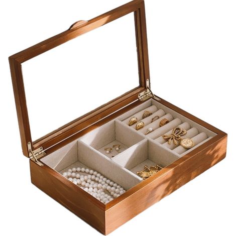 Boîte à bijoux, boîte de rangement pour bracelets et colliers, organisateur de bijoux et boîte de rangement avec couvercle en verre transparent, couleur bois de cerisier, adaptée pour présenter des co (1/3)