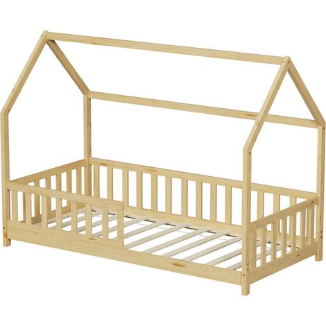 Lit cabane Tchoupi 90x190 cm – Barrières de sécurité – Conception en pin naturel – Hauteur 140 cm – Matelas non inclus – Minea (1/5)