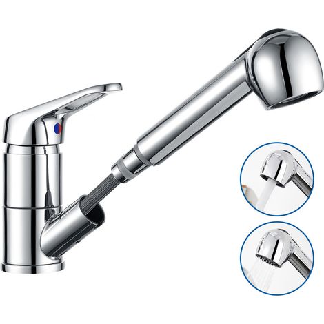 Auralum Robinet Cuisine avec Douchette Extractible 2 Jets Mitigeur Evier en Inox Chromé Pivotant 360° Robinetterie Monotrou Eau Froide et Chaude (1/8)