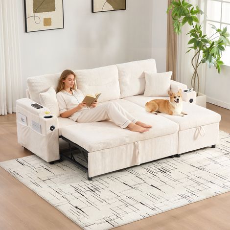 Couchage 3 places, rangements, porte-boissons, USB-C, chaiselongue hydraulique et tiroirs, confort et flexibilité (1/4)