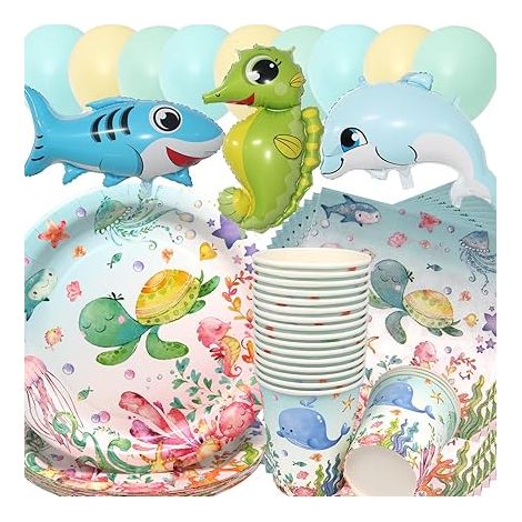 Vaisselle de Fête Océan Anniversaire, Océan Animaux Vaisselle Papier Set Ballons Animaux de l'océan Assiettes en Papier Serviettes Tasses pour Décorations Fête d'anniversaire (1/5)