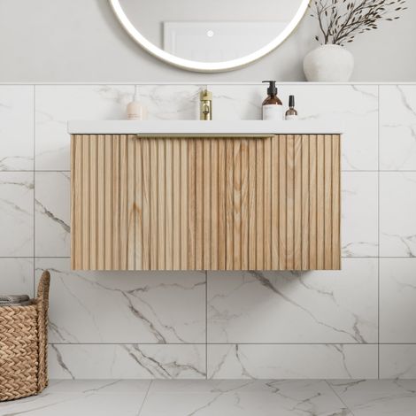 Fluted 800mm Bathroom Vanity Unit White Basin Wall Hung Cupboard Soft Close Oak (1/5)