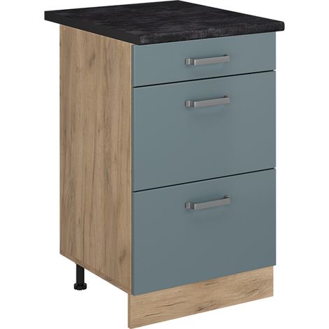 Küchenunterschrank R-Line, Blau-Grau/Goldkraft Eiche, 50 cm Arbeitsplatte Anthrazit, Vicco