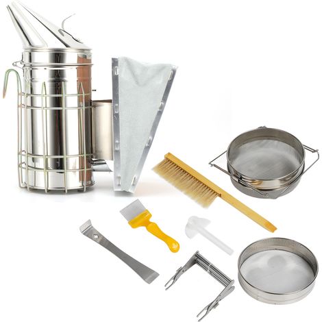 Kit de démarrage pour apiculture comprenant : brosse à abeilles, grattoir, pince à cadre, enfumoir, abreuvoir à double tamis. (1/5)