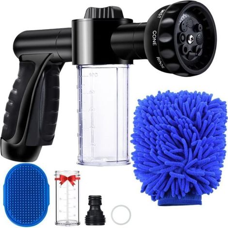 Pistolet arrosage pour tuyau arrosage avec réservoir savon 8 modes, Pistolet pulvérisateur d'eau en mousse de jardin lavage de voiture,chien, chat, arrosage plantes, pelouses (1/4)