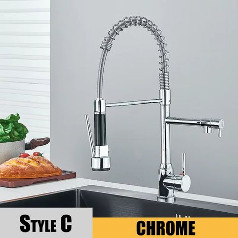 Mitigeur de cuisine extractible à 2 becs - Fixation sur plan de travail pivotante à 360°, flexible pour eau chaude/froide - C