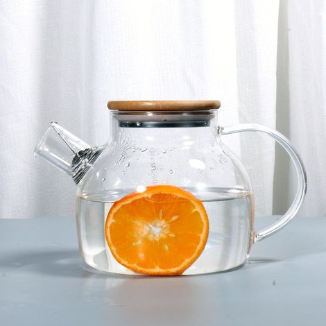 Tetera de vidrio de borosilicato de 1000 ml con filtro de metal, tetera con tapa de bambú, jarra de vidrio. (1/4)