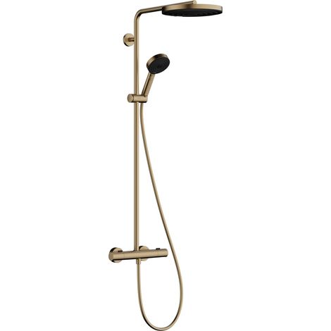 Colonne de douche avec mitigeur thermostatique, douche pluie (260mm) avec robinet, douchette, support, flexible, barre et douche de tête ronde, Bronze brossé, 24236140 (1/5)