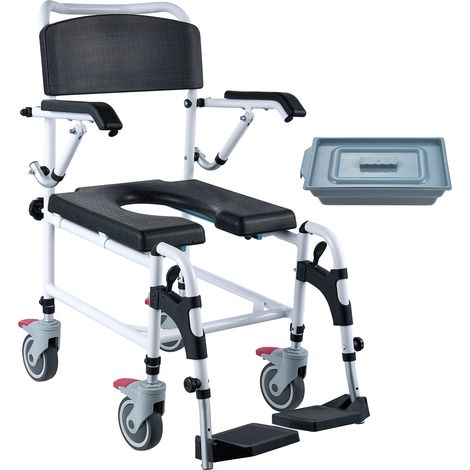 Mophorn Silla de ruedas para inodoro con 4 ruedas de bloqueo, reposapies, brazos plegables altura ajustable 3 niveles cubo extraíble de 5 litros capacidad de 350 libras para adultos y personas mayores (1/5)