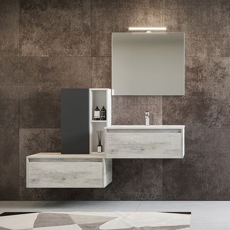Mobile bagno sospeso 82 cm Quercia Bianco con lavabo integrato e specchio - LUNA2 (1/4)