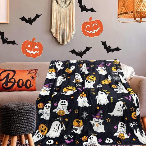 Manta de Halloween, franela mullida con diseño de murciélago, calabaza y calavera, telarañas y acogedora manta para sofá (negra, 150 x 200 cm) (1/5)