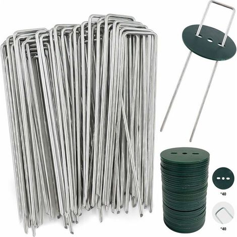 40 Gartenpfähle mit Unterlegscheiben, verzinkte Stahl-Befestigungspfähle für Planen, Unkrautbekämpfungs-Textilien – 150 mm lang, 25 mm breit, 2,8 mm Durchmesser (1/5)
