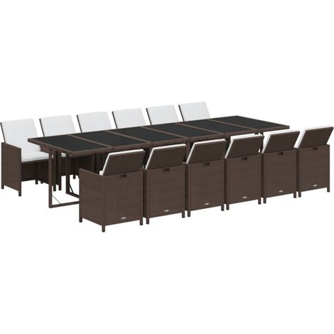 Juego de comedor muebles de jardín muebles de exterior cojines 13 piezas resina tejida marrón (1/5)