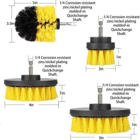 Brosse De Nettoyage - Pour Perceuse Electrique - 4 Unites - Tete Rotative Compatible - Jaune (1/4)