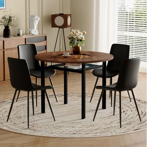 Rundes Tisch- und Stuhlset 100 cm, 4 schwarze PU-Stühle, Holzoptik HAVRYA (1/5)