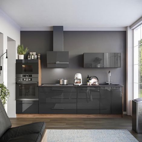 Mueble de cocina Fame-Line, Antracita alto brillo/Roble dorado, 280 cm, ET Antracita, Vicco (1/5)
