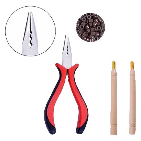 Kit de alicates para extensiones de cabello, 100 micro eslabones, aguja de tracción y herramientas, 5 unidades marrones. (1/2)